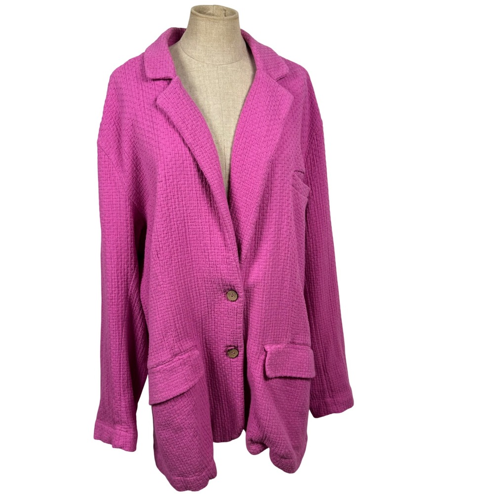 Free People Blazer Women L Pink Waffle Knit Oversize Collar Boho Cardigan Barbie